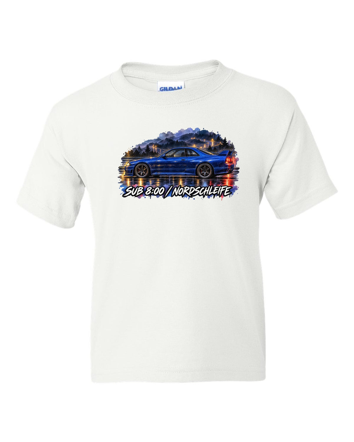 Watercolour wet-road night print of a Champion Blue Nissan Skyline GT-R R33 BCNR33 white kids tee front view with the design