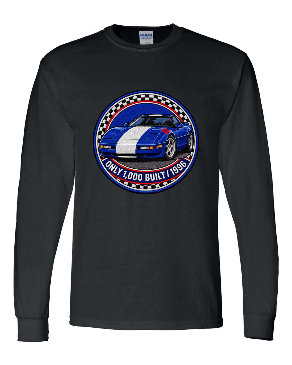Embroidery style varsity crest print of a 1996 Chevrolet Corvette C4 Grand Sport with Only 1,000 Built text black long sleeve front view with the design