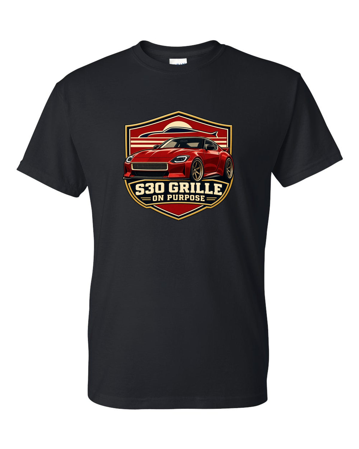 Shield crest print for the Nissan Z RZ34 referencing the S30 grille black t-shirt front view with the design