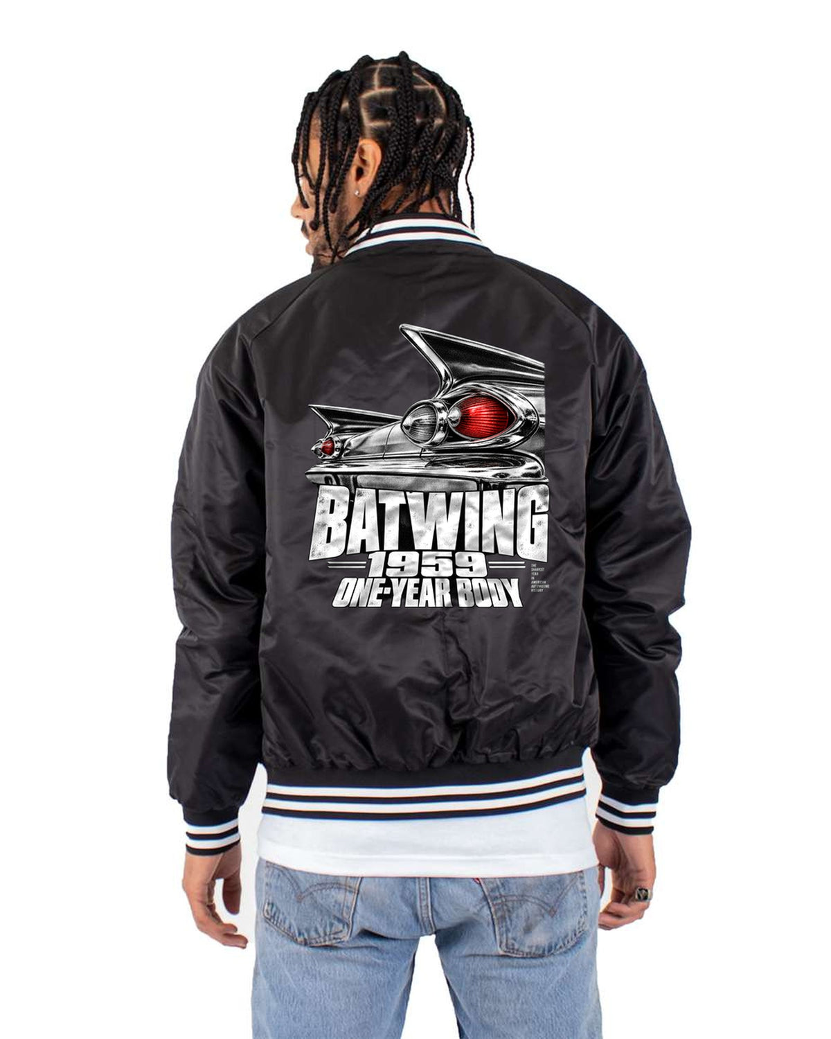 1959 Chevy Impala Batwing Taillight Detail Graphic Shirt Bomber Jacket Black back