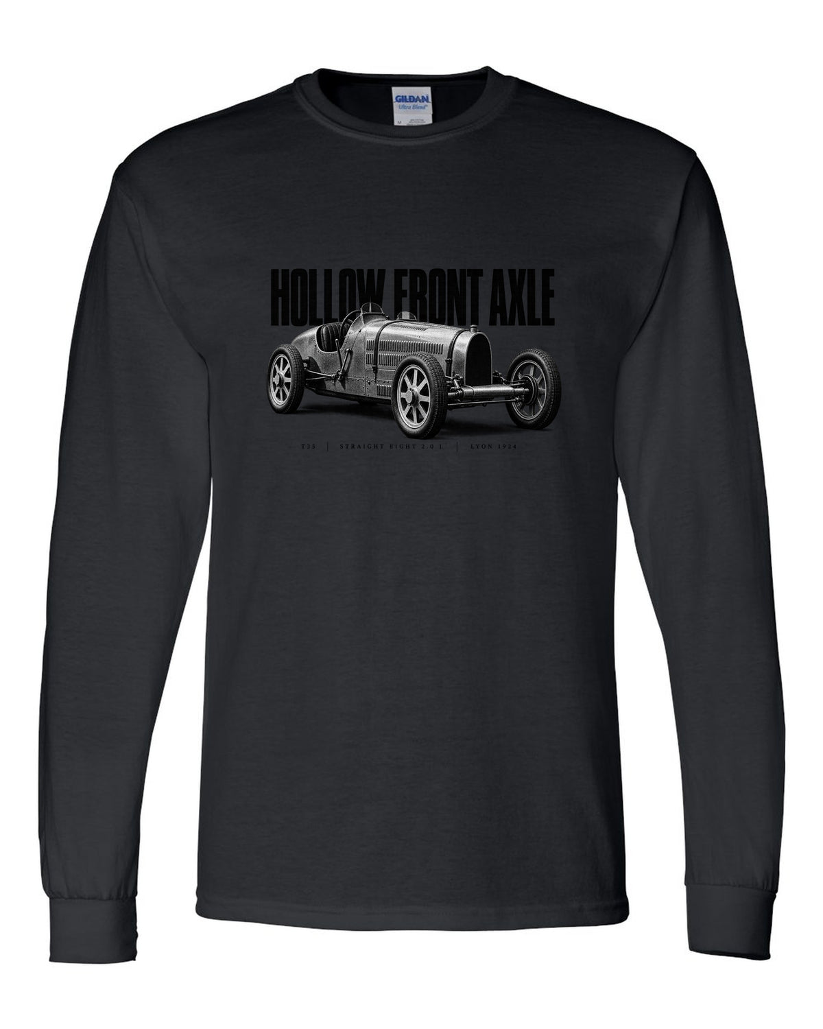 Bugatti Type 35 1924 hollow axle halftone print black long sleeve front view with the design