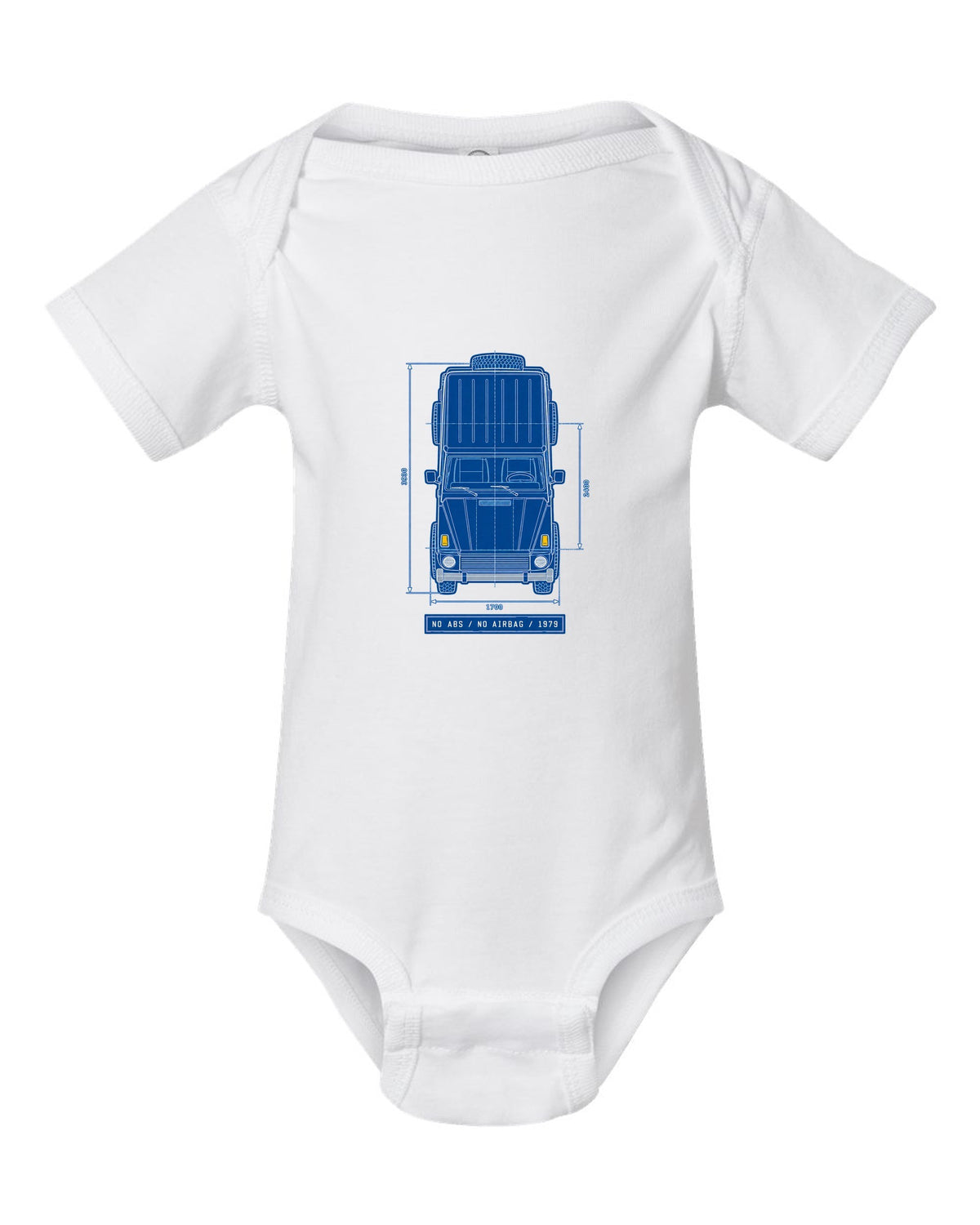 Neon synthwave taillights graphic of a Mercedes G63 W464 with exhaust exits text, print white baby onesie front view with the design