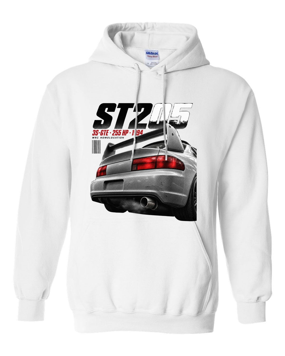 Macro detail of the Toyota Celica GT-Four ST205 rear wing with 3S-GTE text white pull over hoodie front view with the design