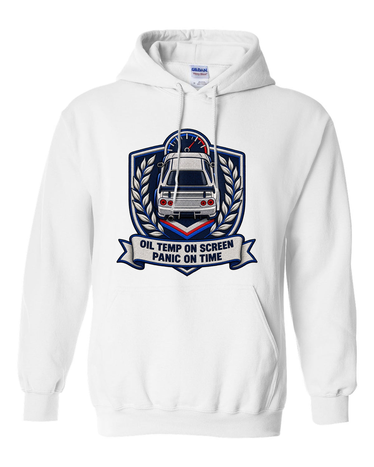 Embroidery-style shield crest print for the Nissan Skyline GT-R BNR34 with oil temp lettering white pull over hoodie front view with the design