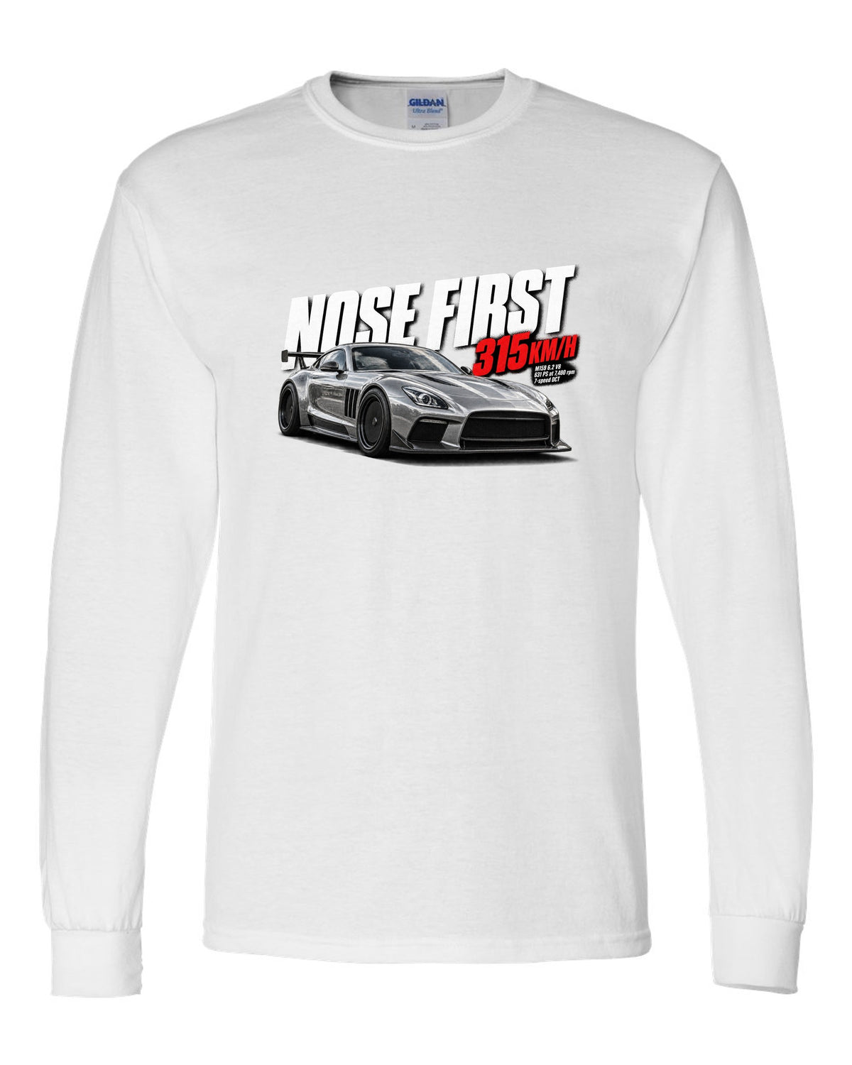 Halftone print of a Mercedes SLS AMG Black Series C197 with Nose First 315 km/h lettering white long sleeve front view with the design