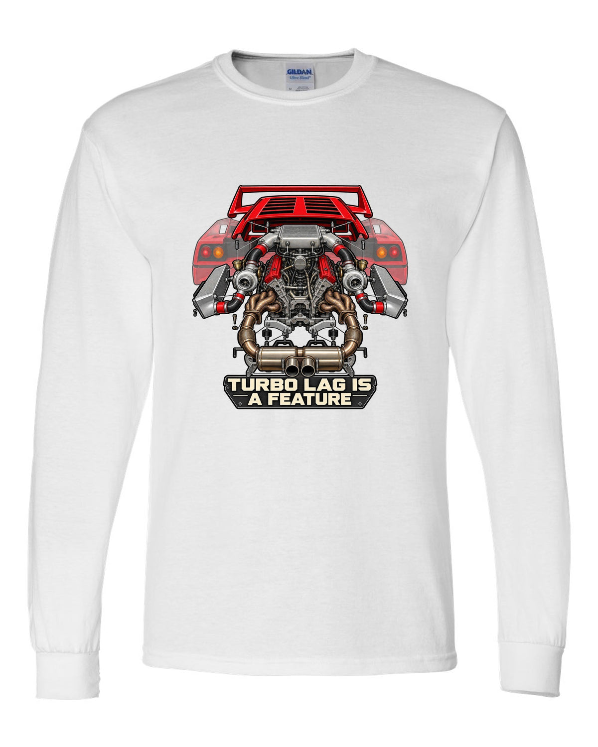 Exploded engine cutaway print of a Ferrari F40 F120 with turbo lag is a feature text white long sleeve front view with the design