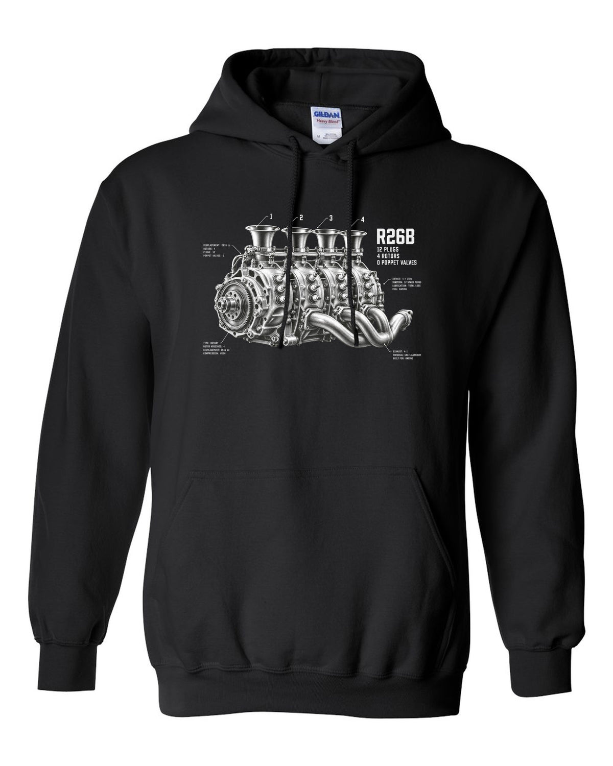 Mazda 787B R26B four-rotor engine illustration with 12 plugs and 4 rotors text black pull over hoodie front view with the design