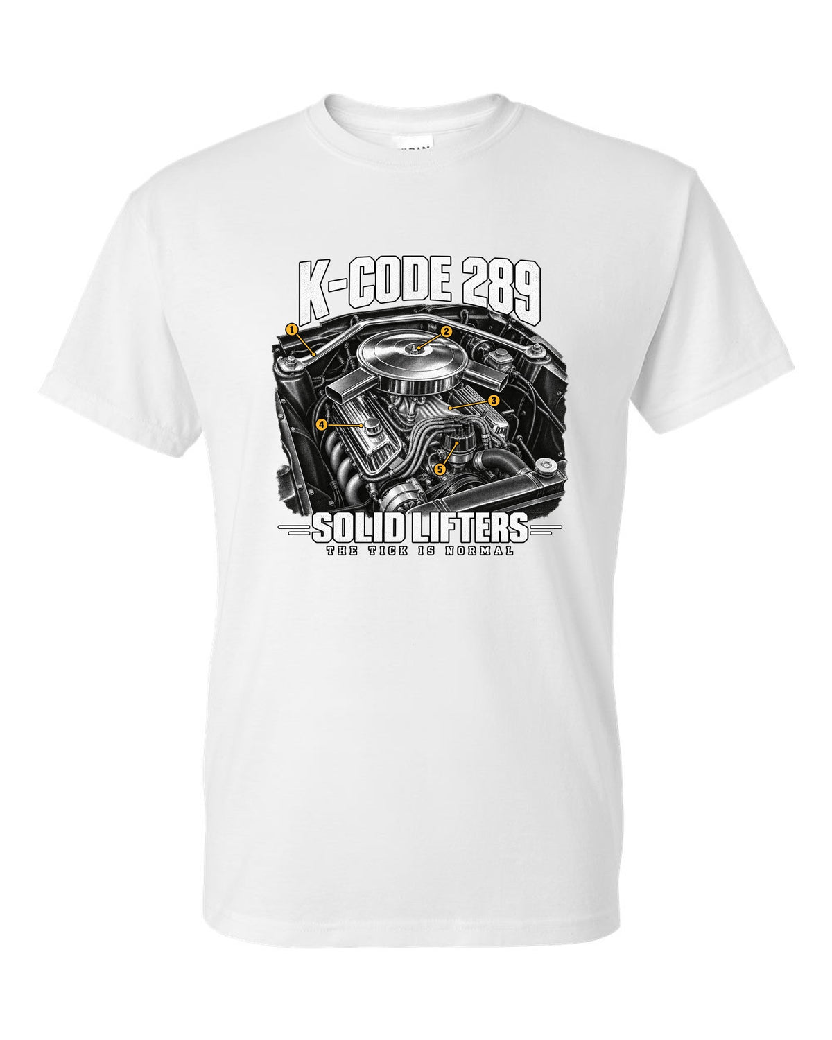 Engine illustration of a 1965 Ford Mustang K-code 289 V8 with solid lifter callouts white t-shirt front view with the design