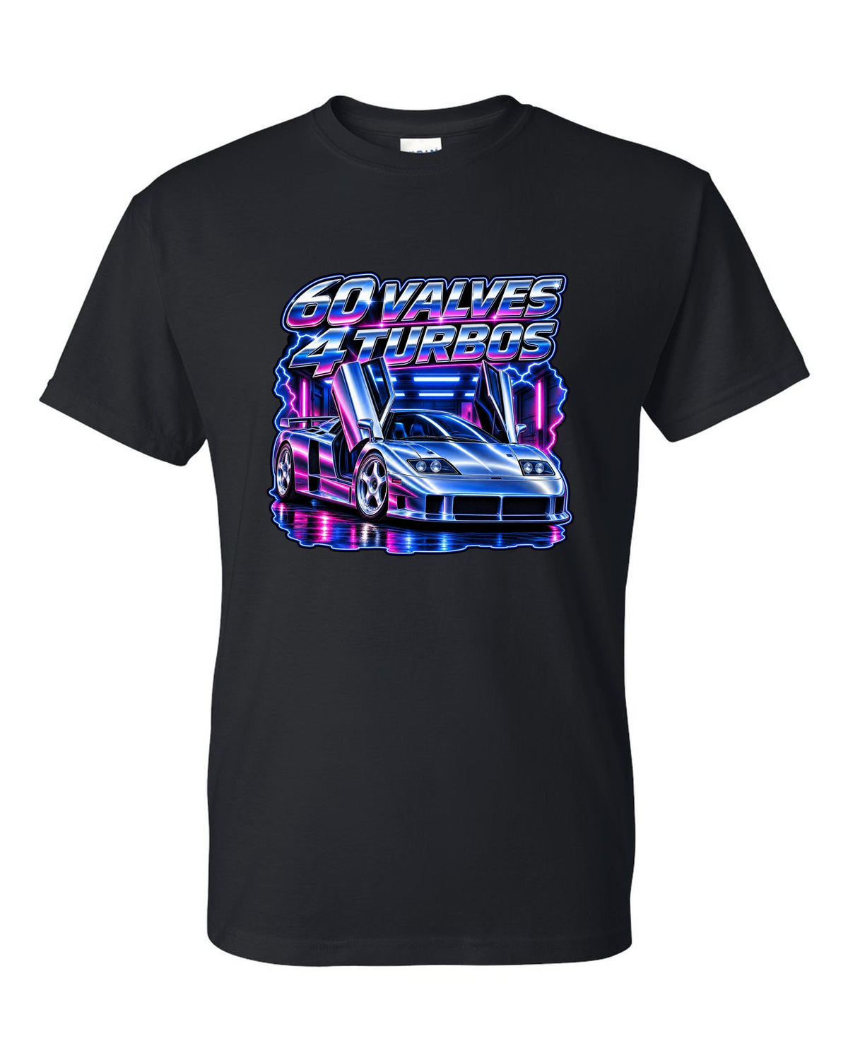 90s airbrush chrome print of a Bugatti EB110 SS with 60 valves and 4 turbos lettering black t-shirt front view with the design