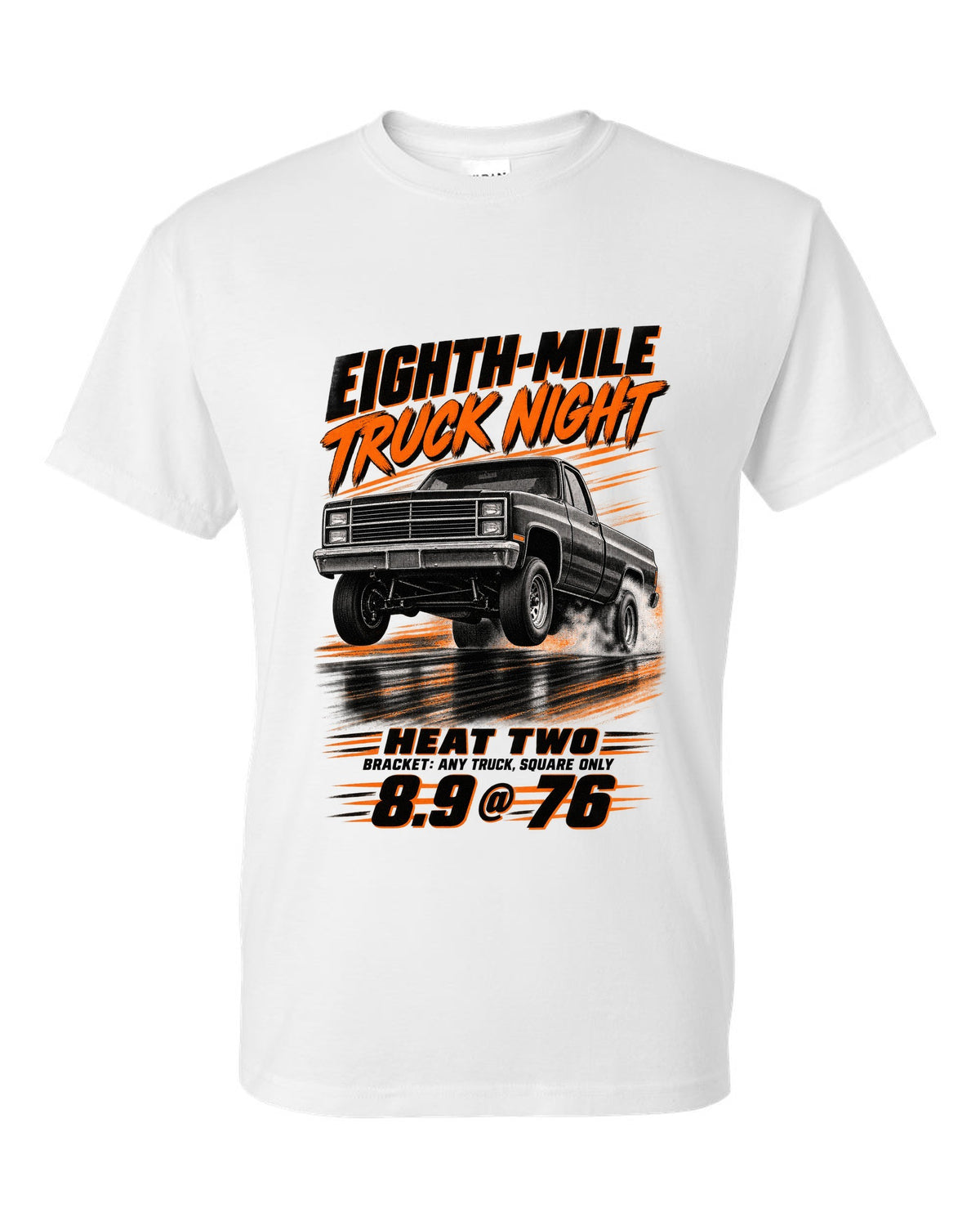 Squarebody C10 eighth-mile race poster print white t-shirt front view with the design