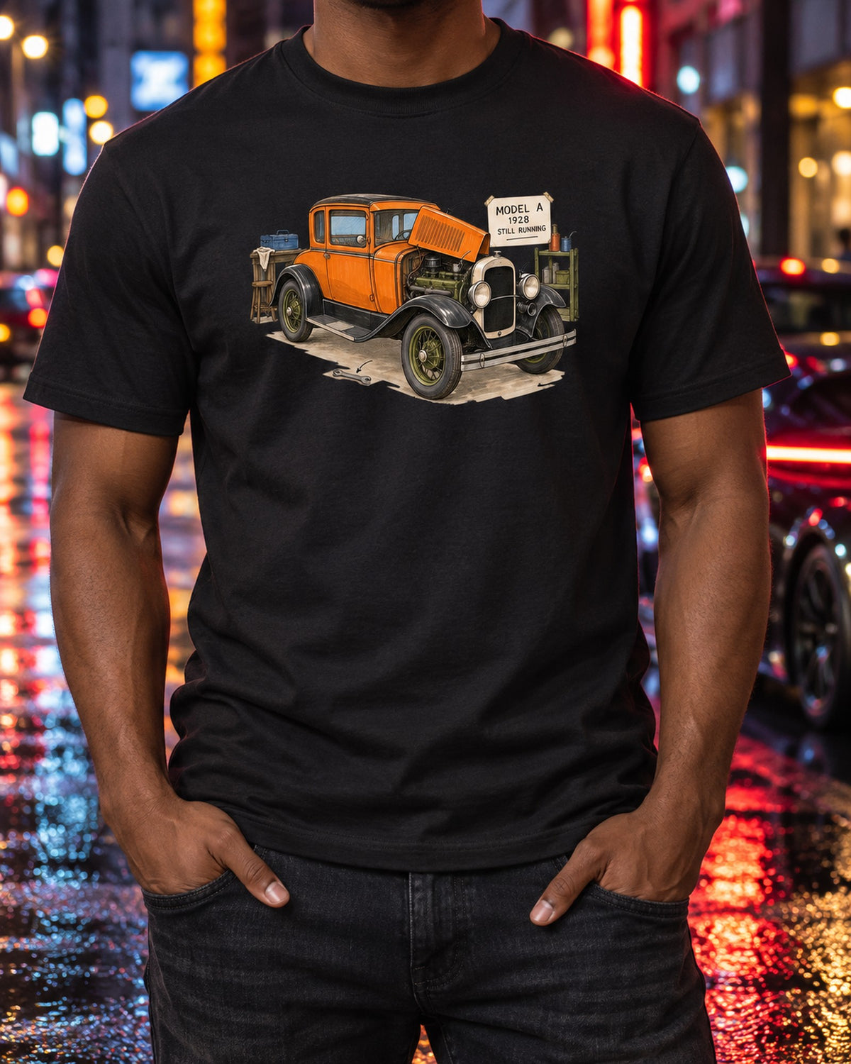 Ford Model A Coupe 1928 Still Running Sketchbook Tee T-Shirt Black worn hero