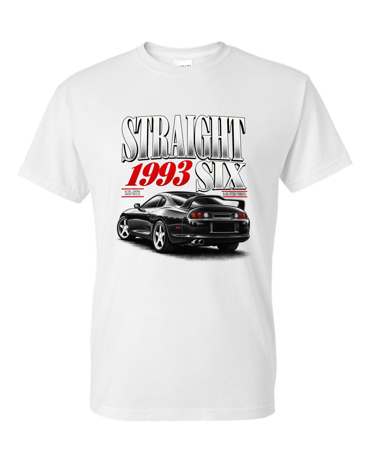 print of a Toyota Supra A80 JZA80 with straight six editorial headline and 2JZ-GTE twin turbo text white t-shirt front view with the design