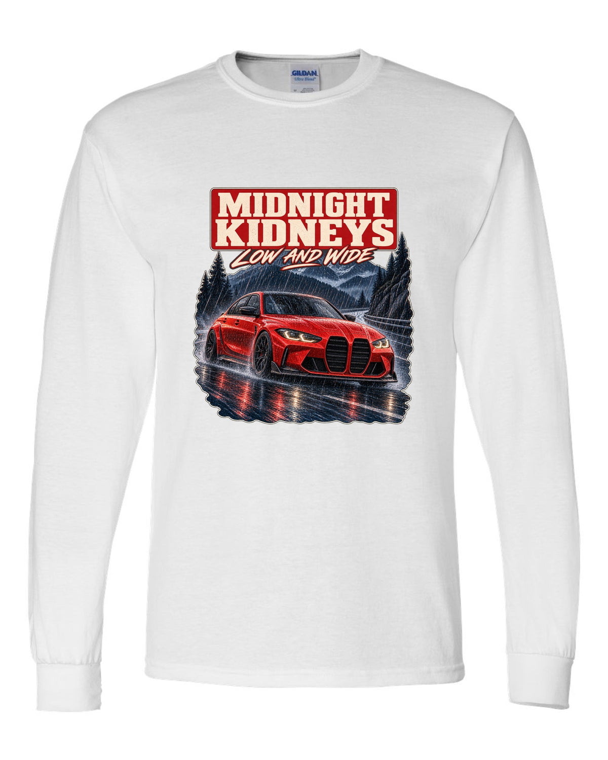 BMW M3 Competition G80 night street print with midnight kidneys text white long sleeve front view with the design