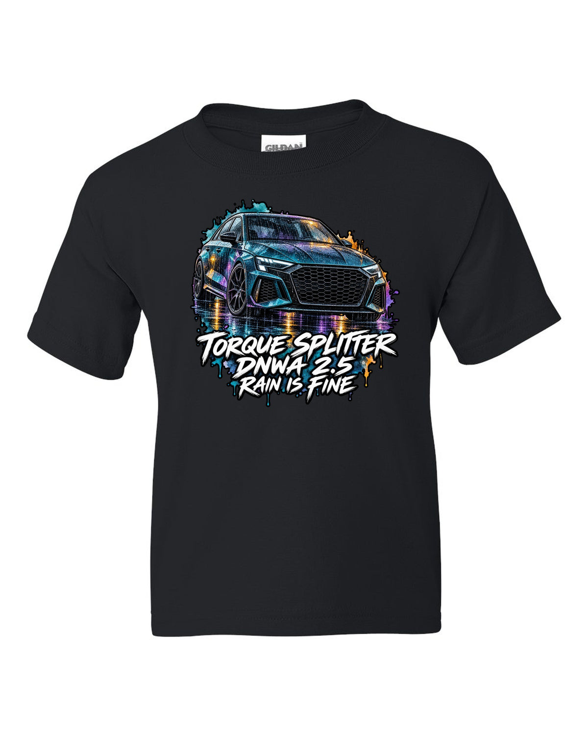 Watercolour wash print of an Audi RS3 8Y with Rain Is Fine lettering black kids tee front view with the design