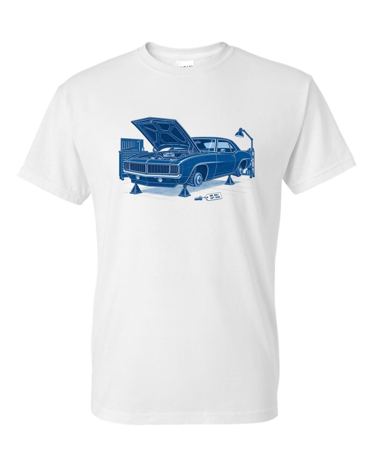 1969 Camaro first-generation in cyanotype negative blueprint style with the text One Bolt Left Over white t-shirt front view with the design