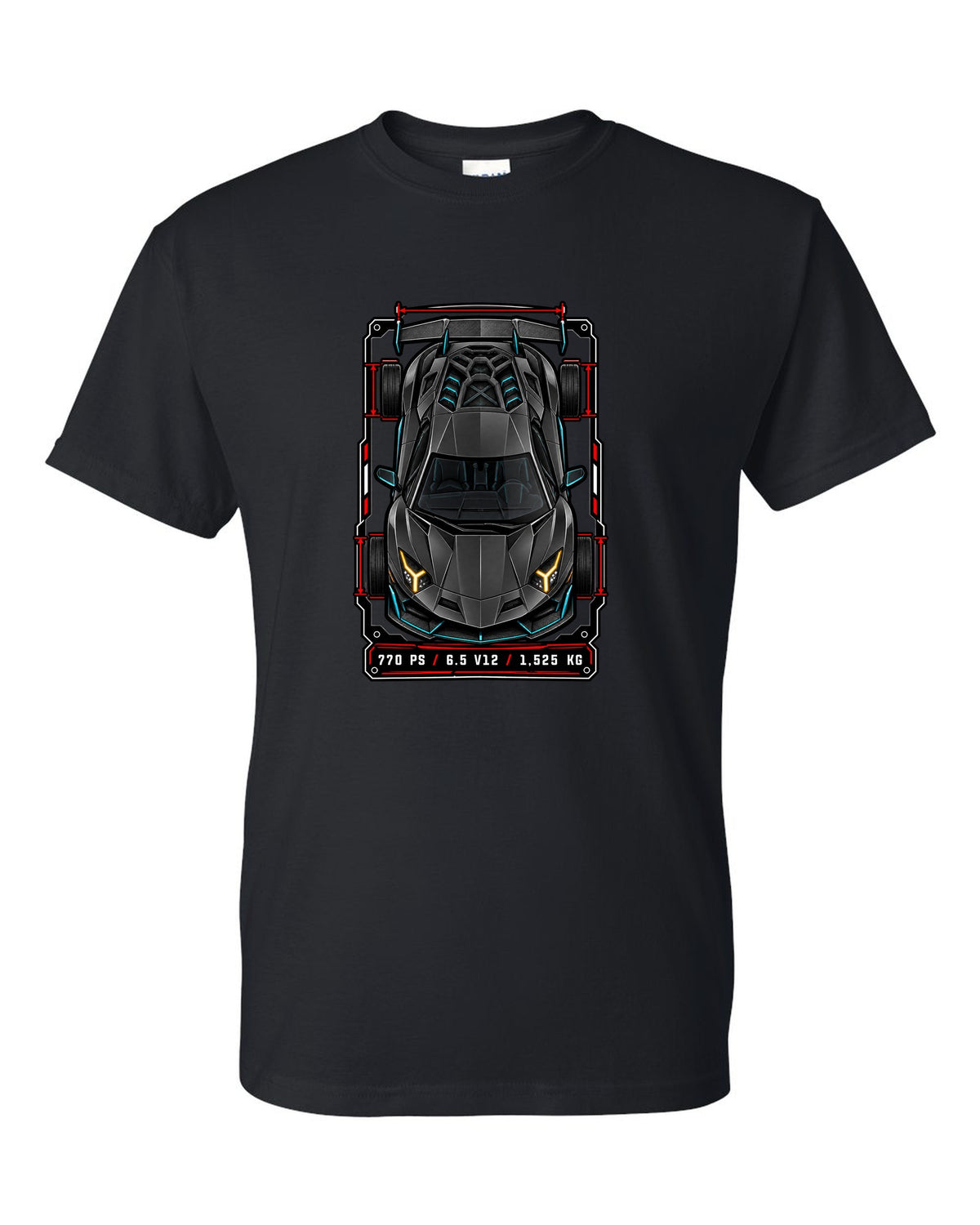 Spec-sheet data plate with a top-down Lamborghini Aventador SVJ LP770-4 and the text 770 PS / 6.5 V12 / 1,525 KG black t-shirt front view with the design