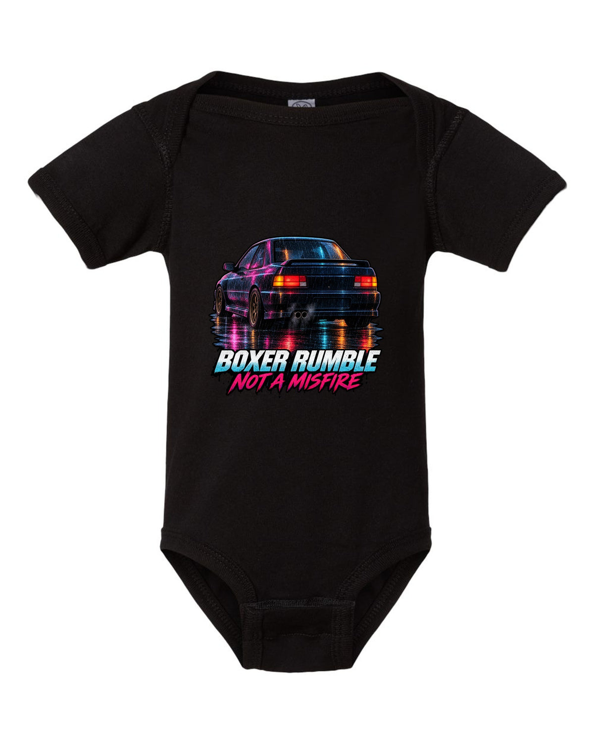 Painterly night scene of a Subaru Impreza WRX GC8 coupe with wet taillight reflections black baby onesie front view with the design