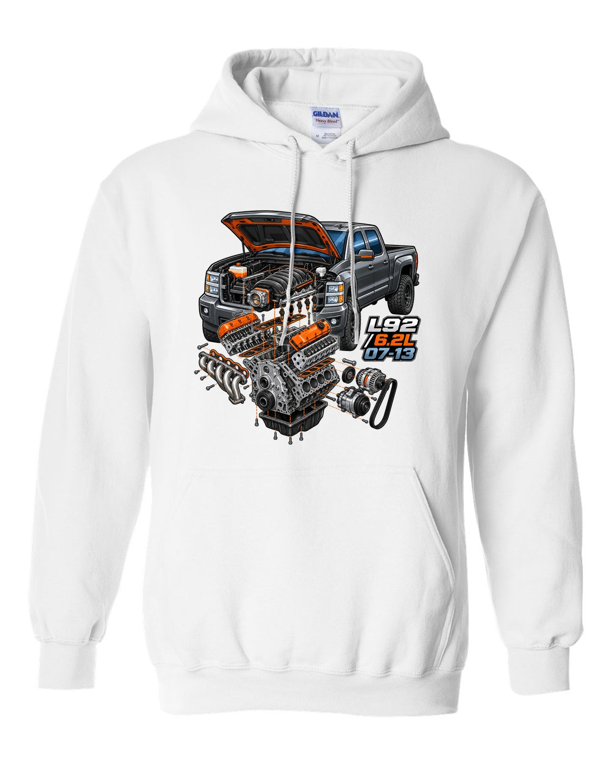 Isometric exploded engine cutaway print for a 2007-2013 Chevrolet Silverado GMT900 with L92 6.2L text white pull over hoodie front view with the design