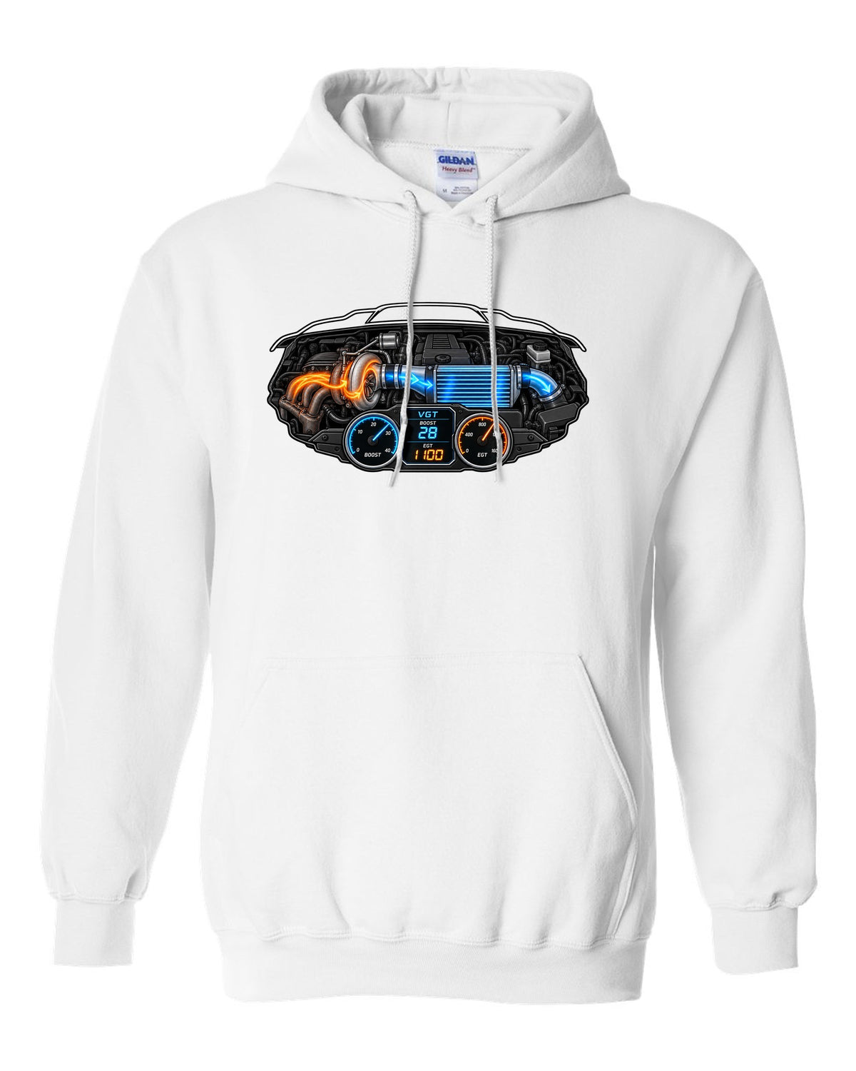 Gauge-cluster HUD print of a 2003-2009 Dodge Ram 3rd gen 5.9 compound turbo with VGT boost 28 EGT 1100 text white pull over hoodie front view with the design