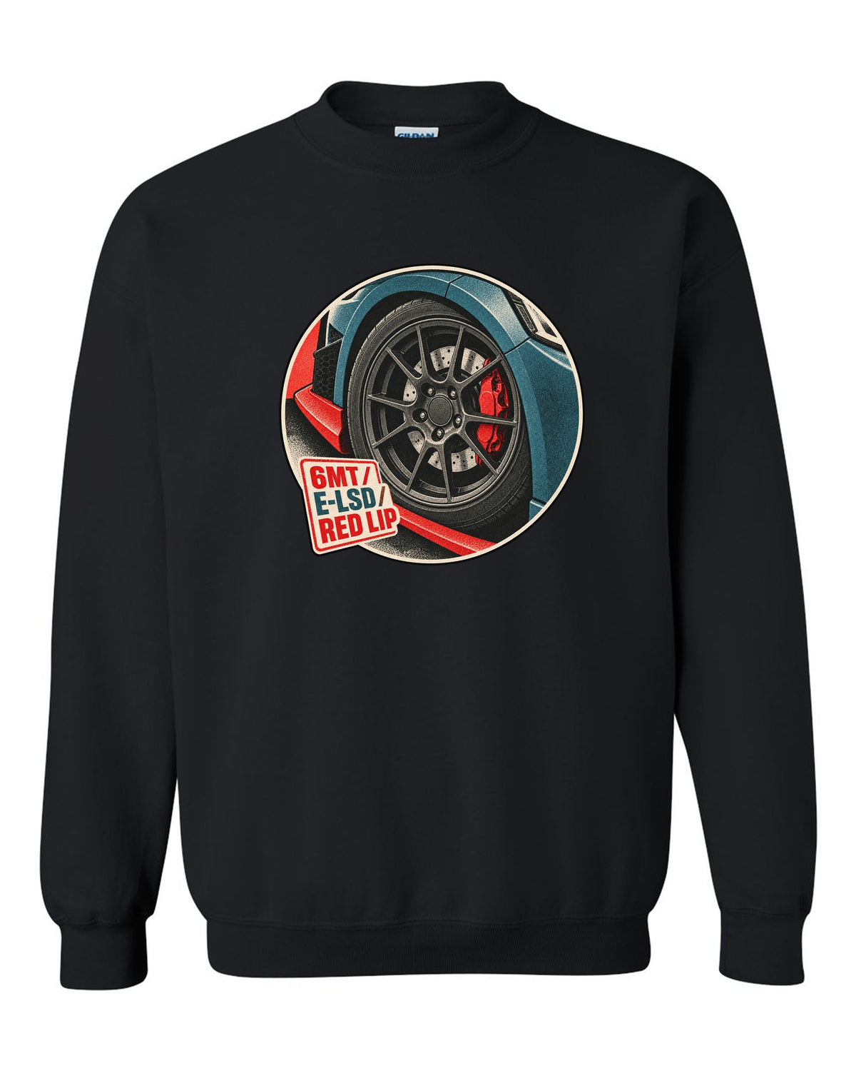 Risograph duotone print of a Hyundai Veloster N JS wheel and red front lip with 6MT E-LSD text black crewneck front view with the design