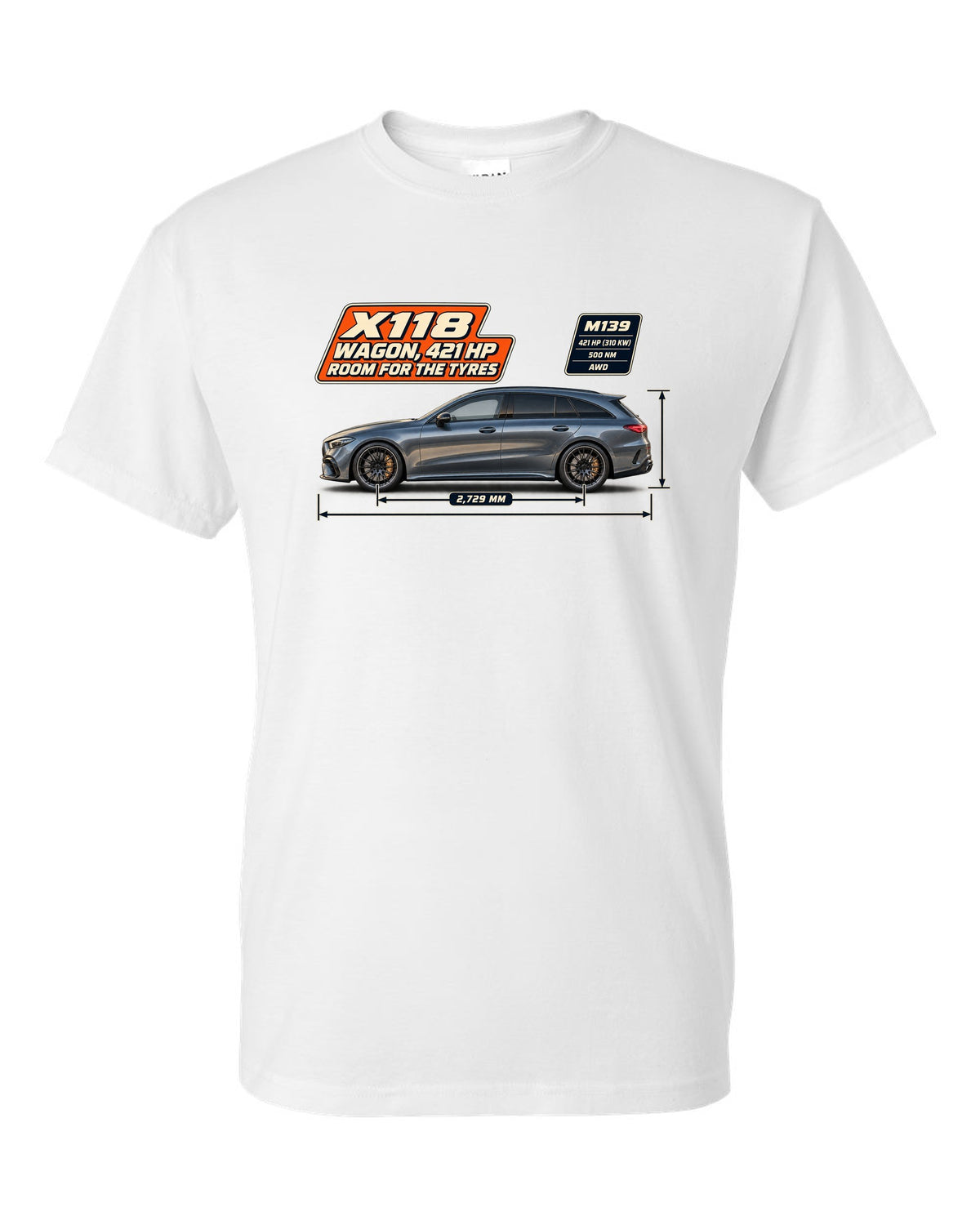 Mercedes-AMG CLA 45 S Shooting Brake X118 wagon spec poster print white t-shirt front view with the design