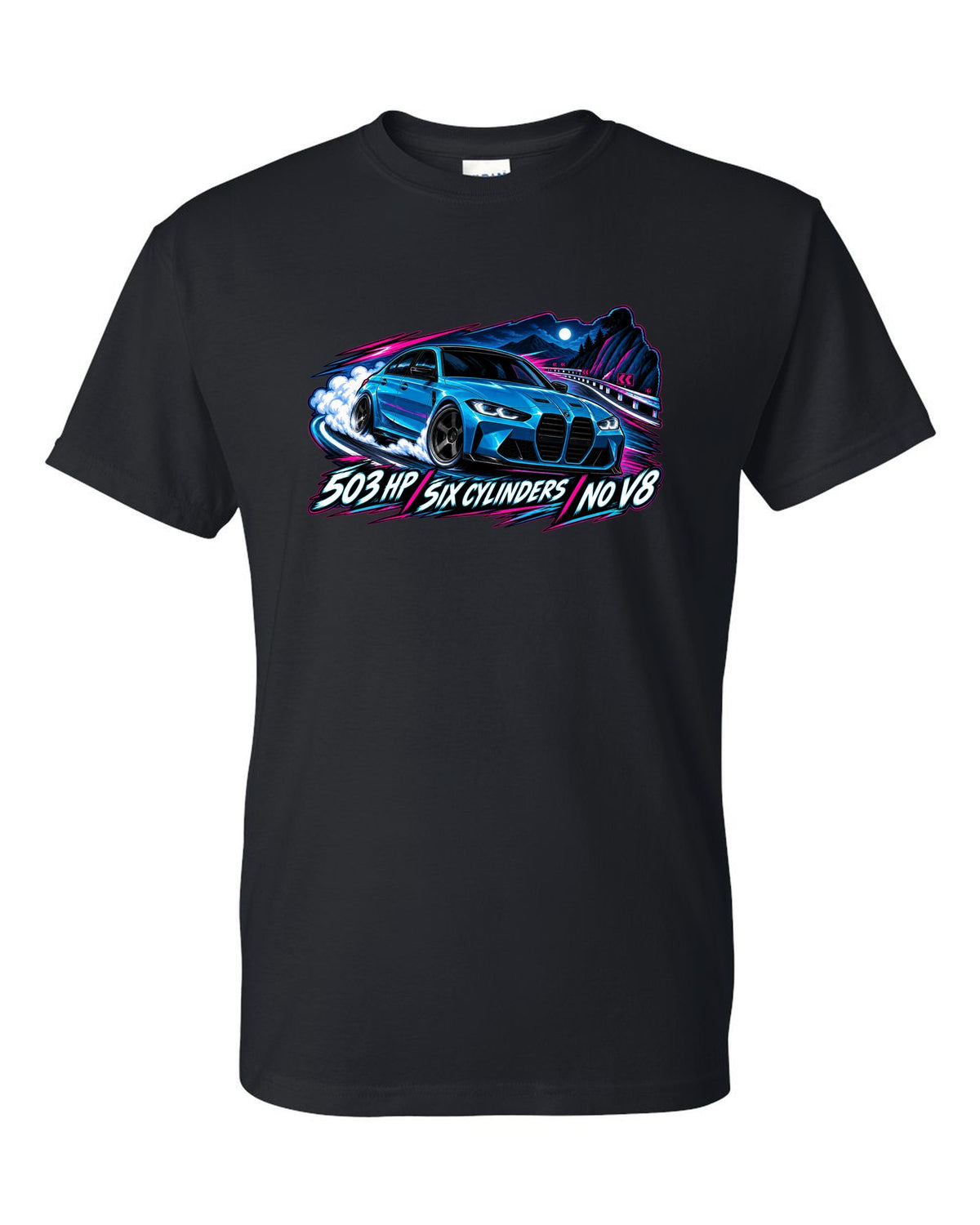 BMW G80 M3 Competition cel-shaded anime night touge print with 503 HP text black t-shirt front view with the design