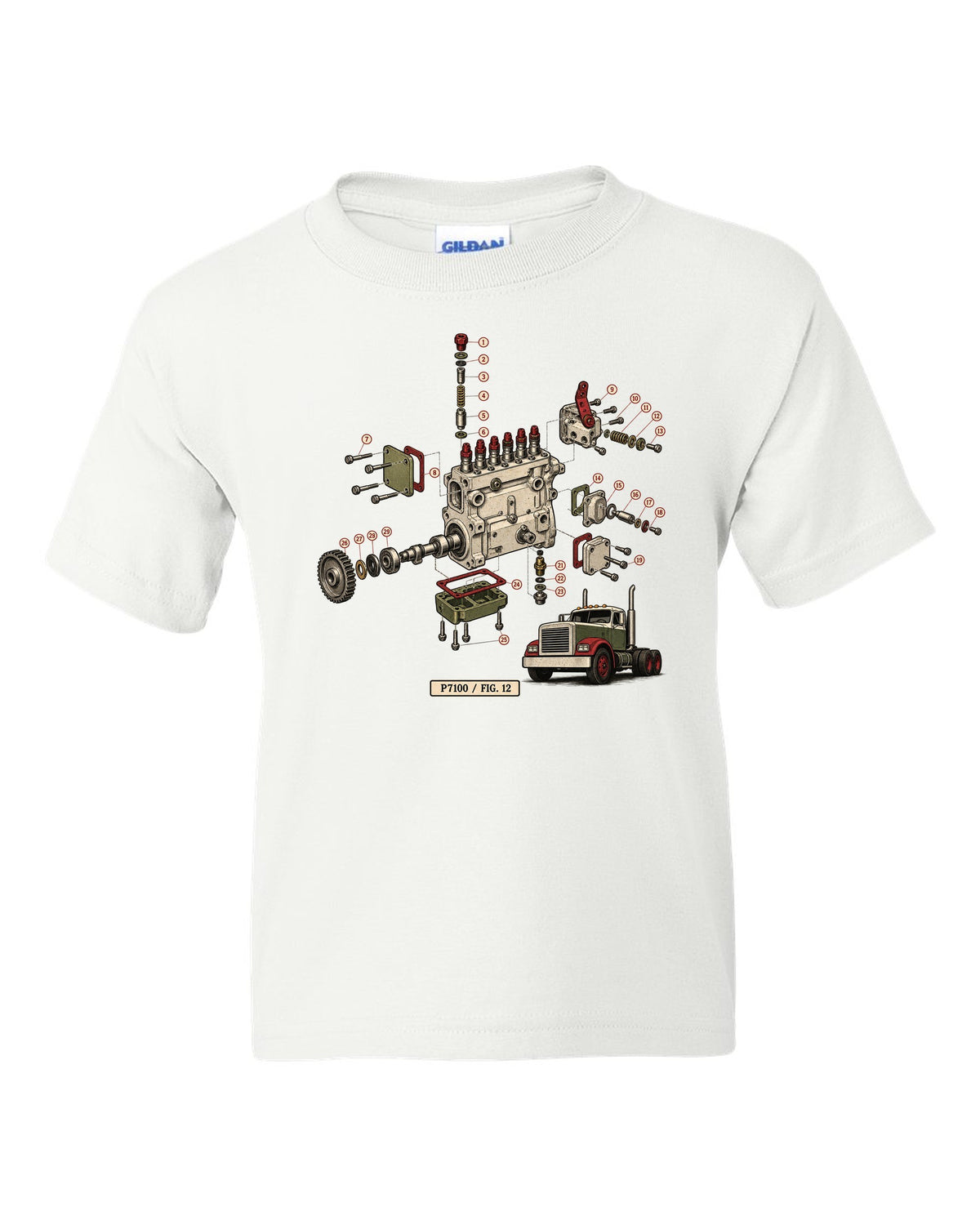 Vintage service-manual exploded diagram print of a Bosch P7100 injection pump from a 1994-1998 Ram 12V white kids tee front view with the design