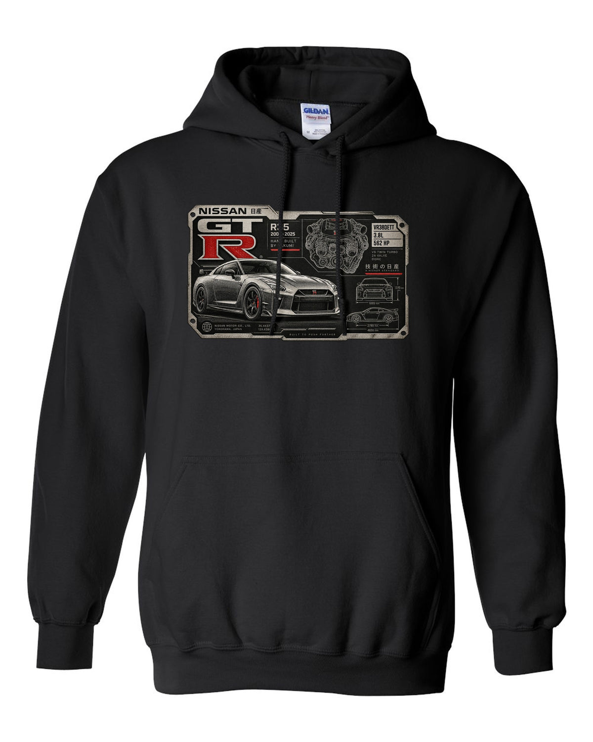 Spec sheet data plate print for the Nissan GT-R R35 showing VR38DETT 3.8L 562 HP black pull over hoodie front view with the design