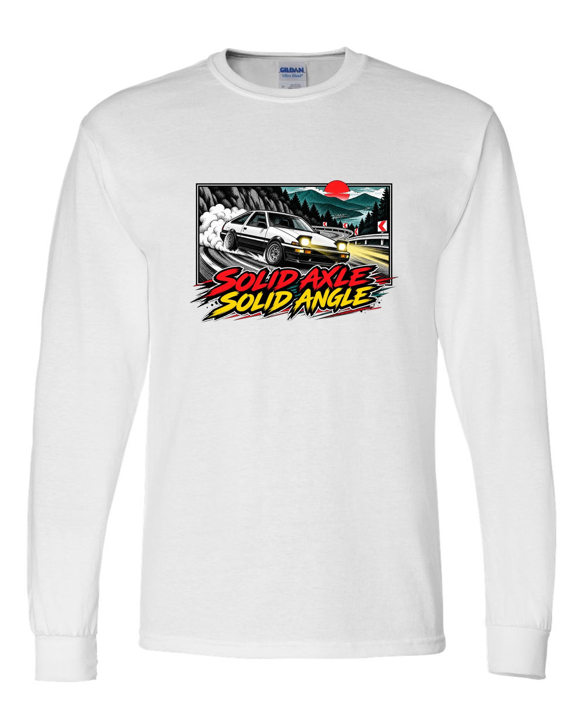 Retro manga halftone panel of a Toyota AE86 Sprinter Trueno drifting downhill white long sleeve front view with the design