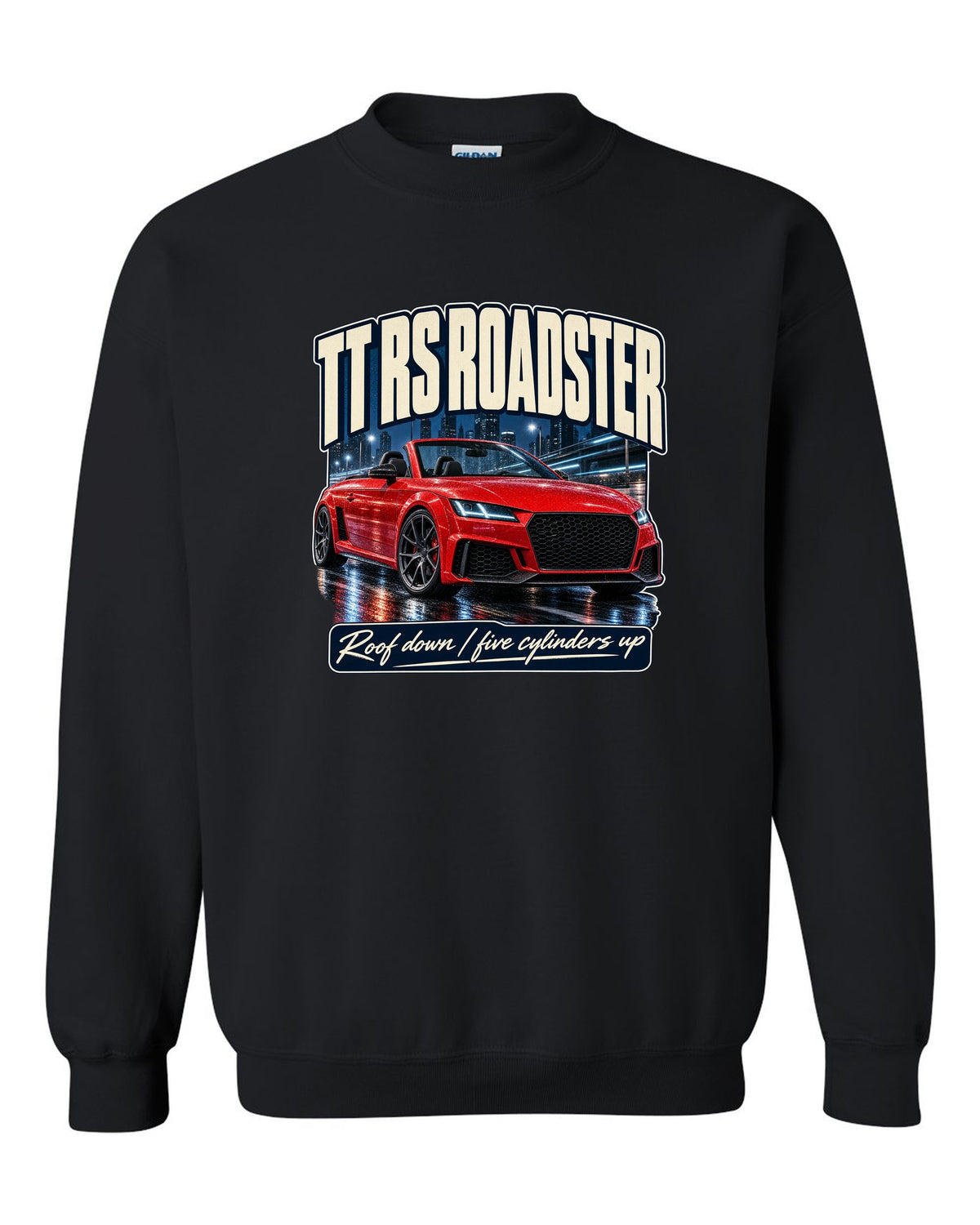 Audi TT RS Roadster 8S street poster print, roof down black crewneck front view with the design