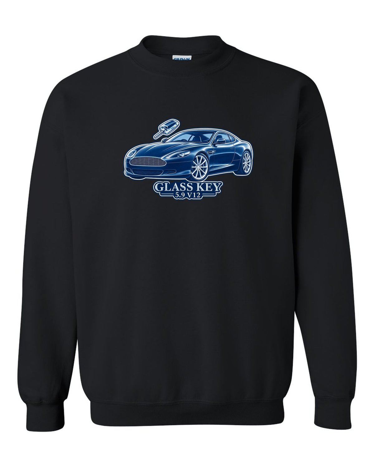 Cel-shaded anime night street print of a 2005 Aston Martin V8 Vantage in rain with glass key lettering black crewneck front view with the design