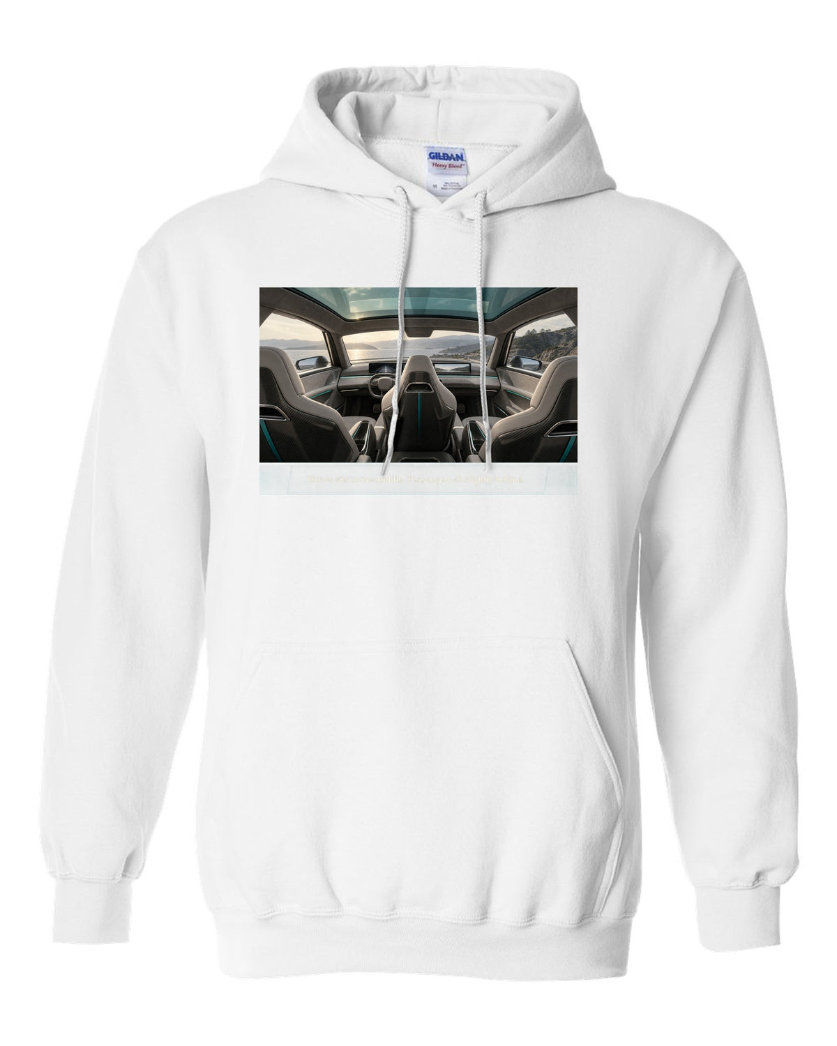 Cockpit print of a McLaren Speedtail interior with a centre driving seat white pull over hoodie front view with the design