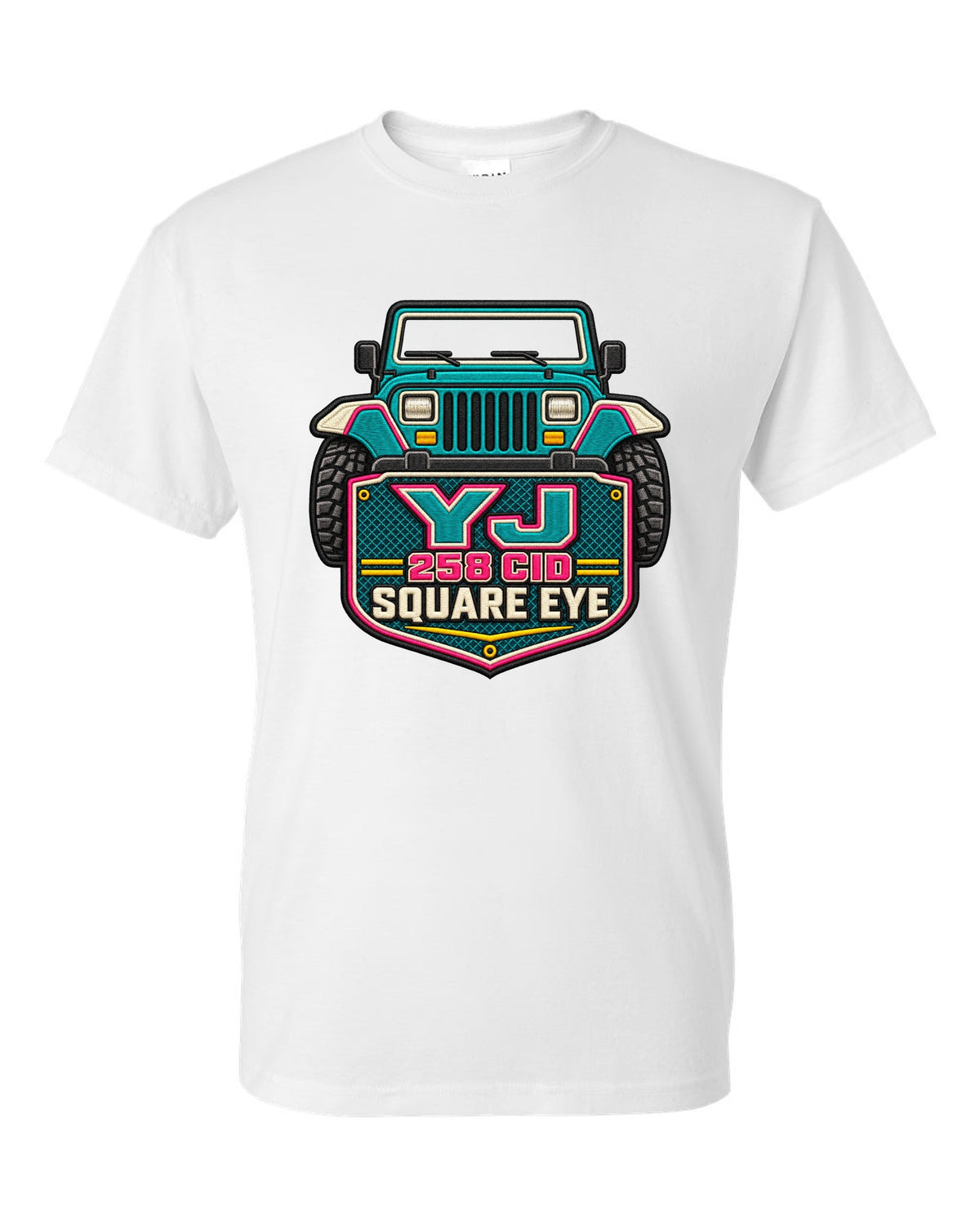 Embroidery-style varsity crest print of a Jeep Wrangler YJ with square eye text white t-shirt front view with the design