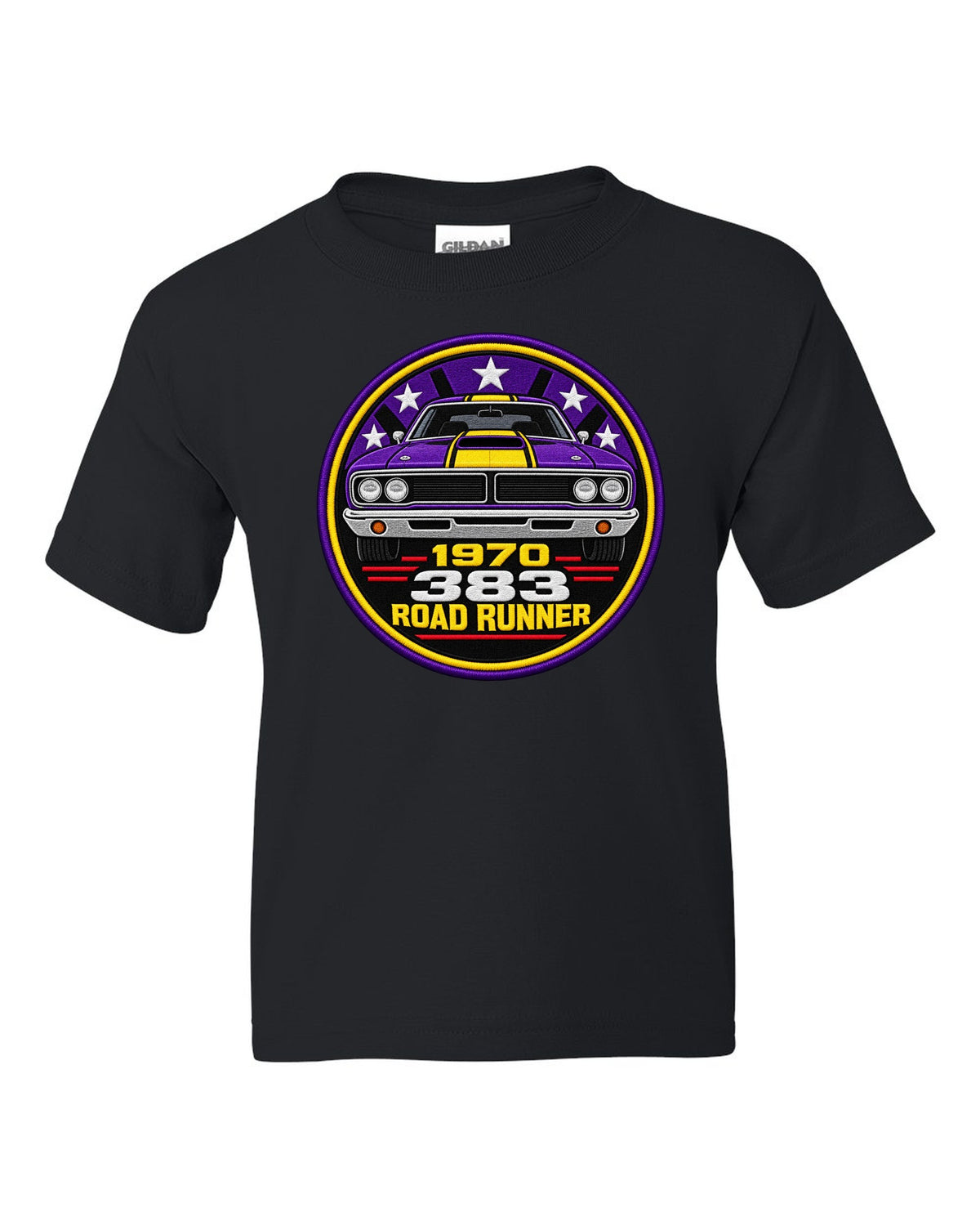 Original round crest print for a 1970 Plymouth Road Runner with 383 lettering black kids tee front view with the design