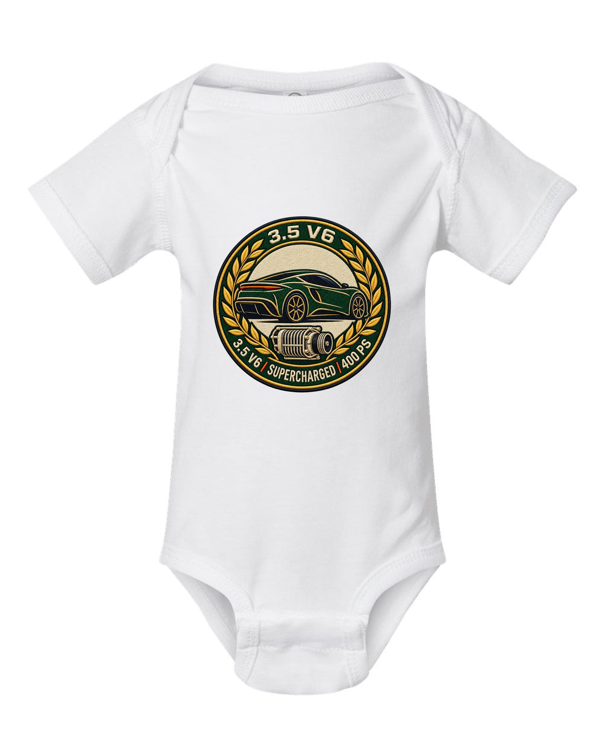 Lotus Emira varsity crest with 3.5 V6 SUPERCHARGED 400 PS lettering white baby onesie front view with the design