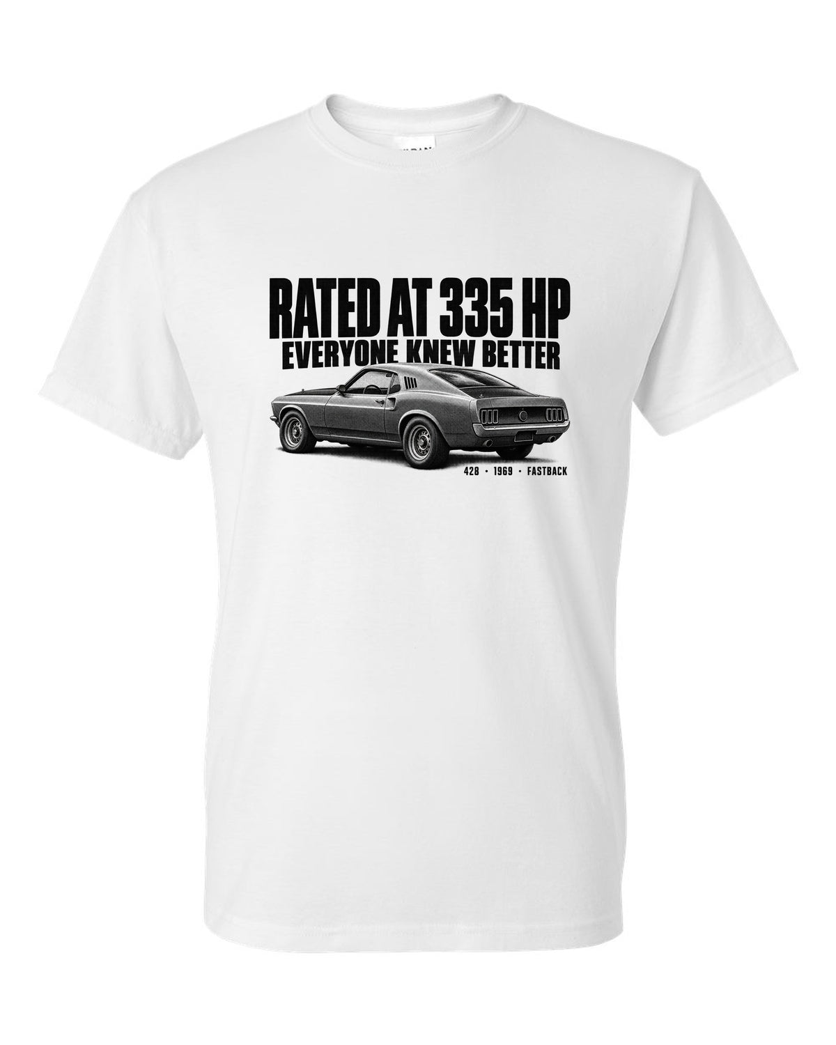 Halftone illustration of a 1969 Ford Mustang fastback with rated at 335 HP lettering white t-shirt front view with the design