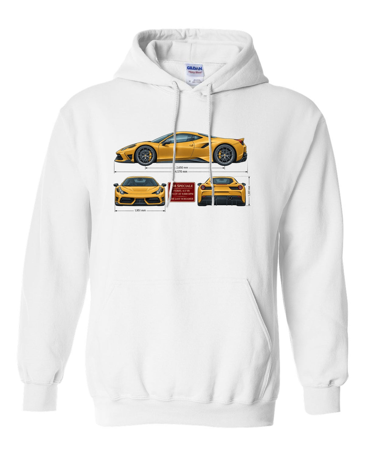 Three-view spec table print of the Ferrari 458 Speciale in ochre white pull over hoodie front view with the design