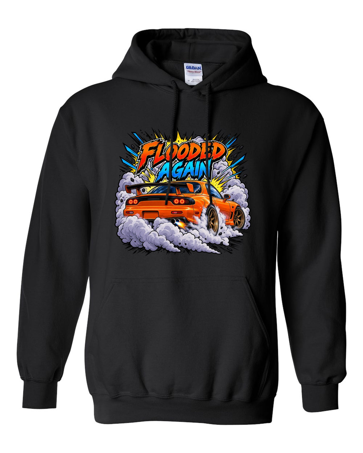 Comic-style Mazda RX-7 FD3S burnout with speed lines and smoke black pull over hoodie front view with the design