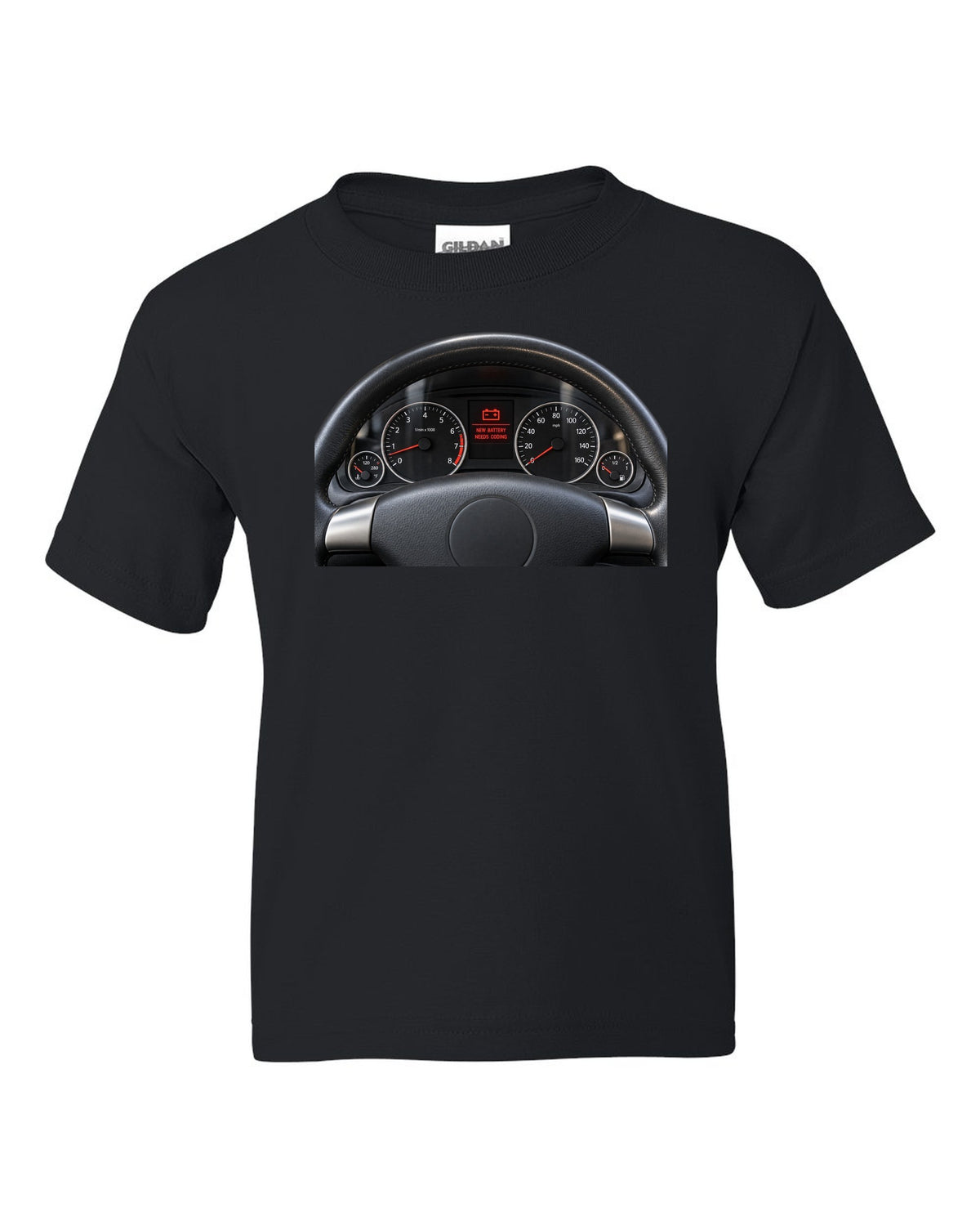 BMW E92 M3 cockpit gauge print with new battery needs coding text black kids tee front view with the design