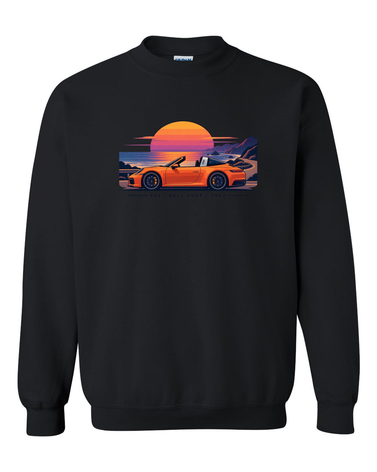 Porsche 997 GT3 RS exploded view diagram design in orange with Mezger lettering black crewneck front view with the design