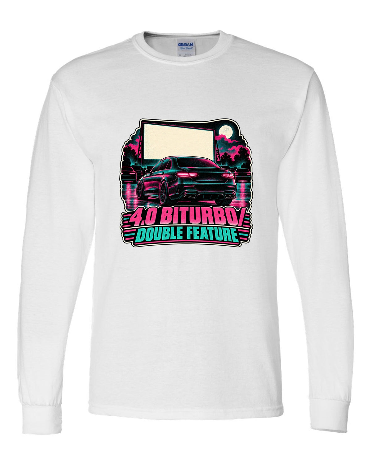 Risograph halftone drive-in poster graphic for a Mercedes E63 W213 4.0 biturbo, print white long sleeve front view with the design