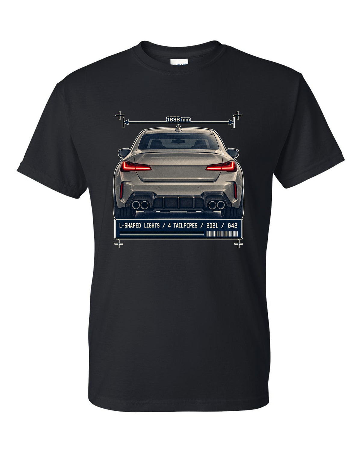 BMW M240i G42 rear taillight and tailpipe macro print black t-shirt front view with the design