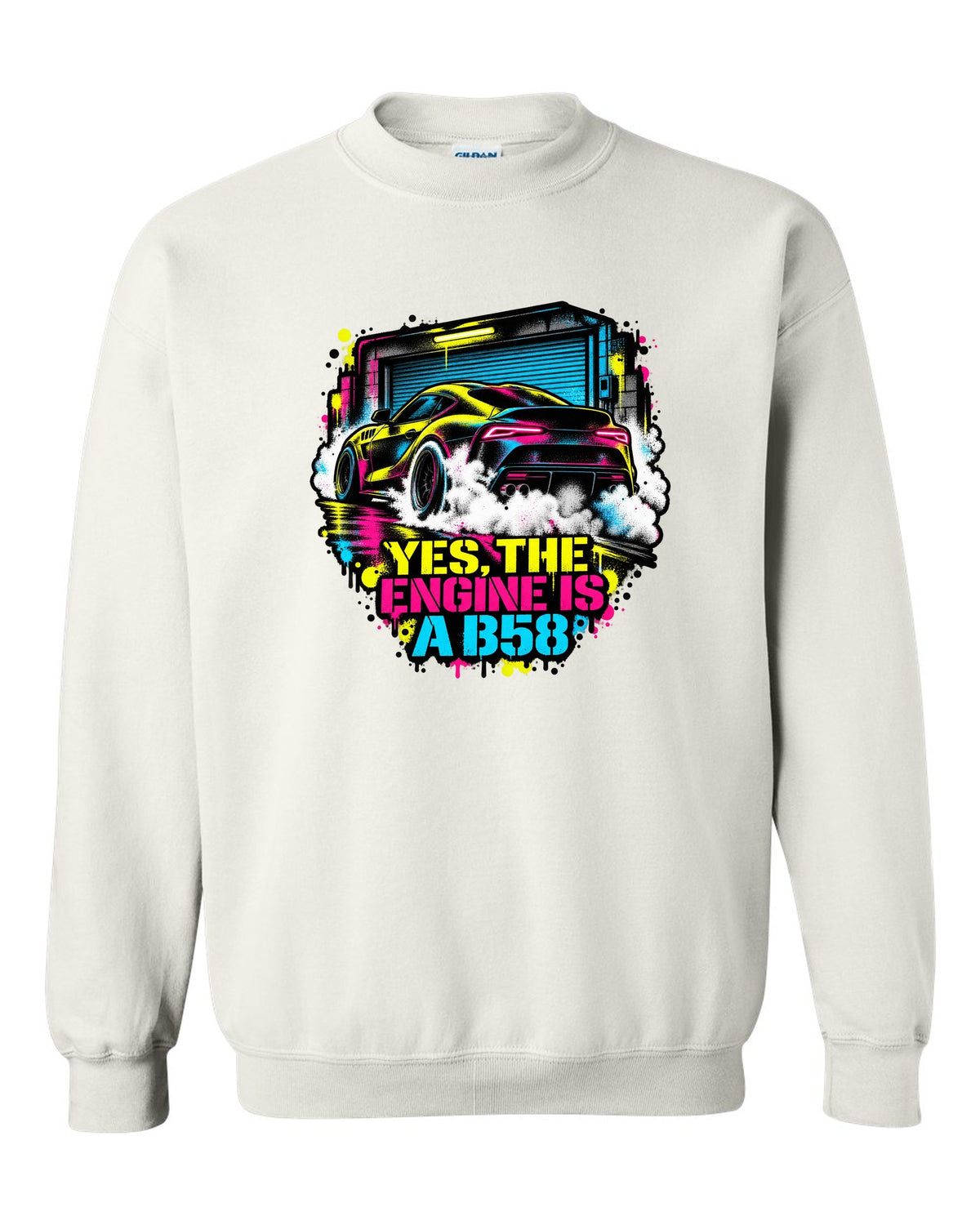 Stencil spray street art of a Toyota GR Supra A90 burnout on a garage door white crewneck front view with the design