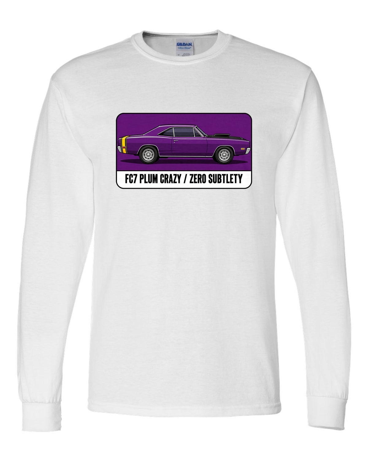 Pantone-style swatch print of a 1969 Dodge Coronet Super Bee in Plum Crazy white long sleeve front view with the design