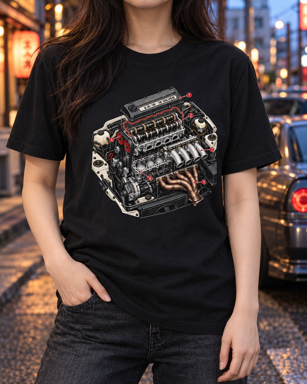 Mercedes 190E 2.5-16 Evo II Exploded Engine Diagram Shirt T-Shirt Black worn hero