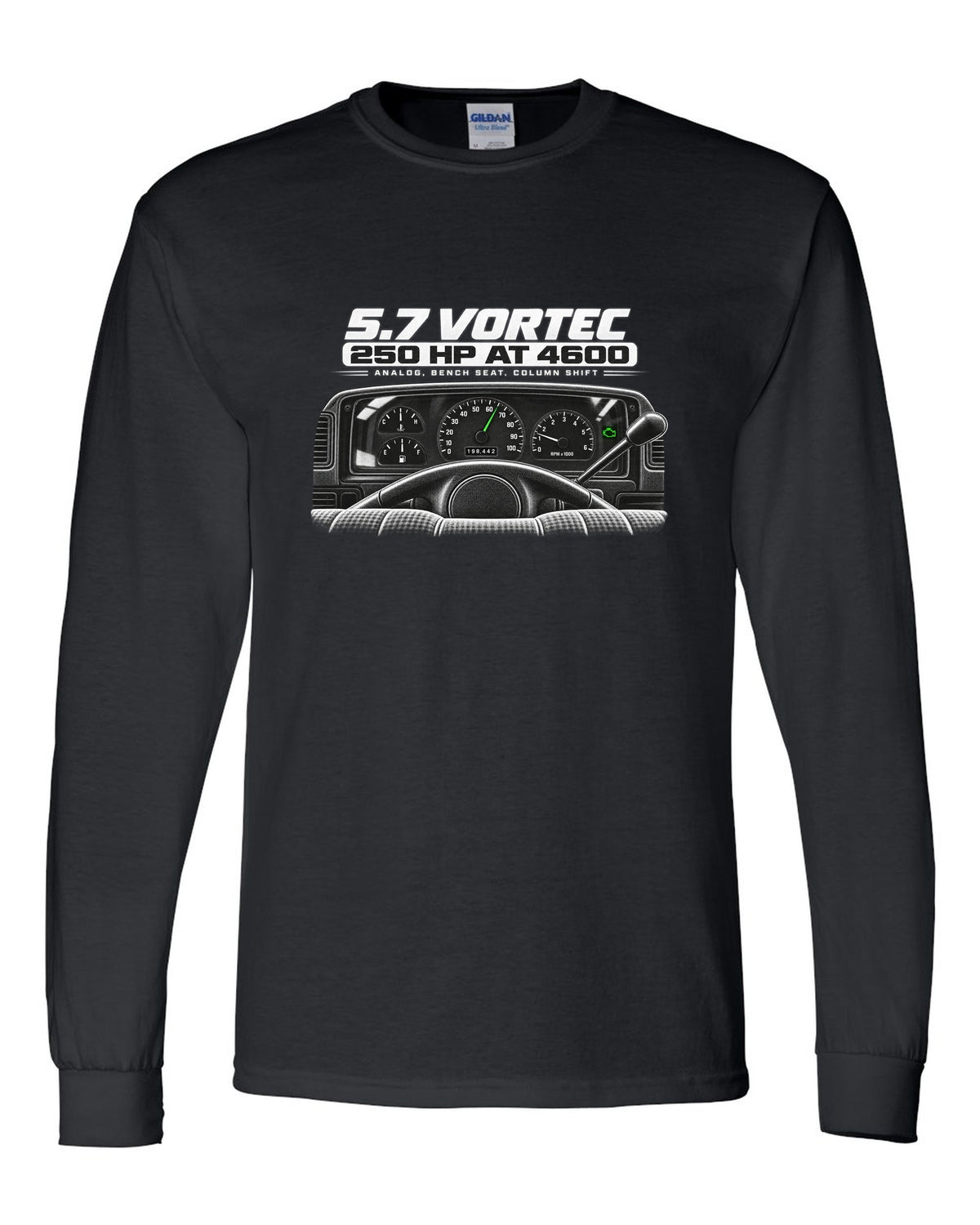 OBS Chevy C1500 cockpit and gauge cluster print black long sleeve front view with the design