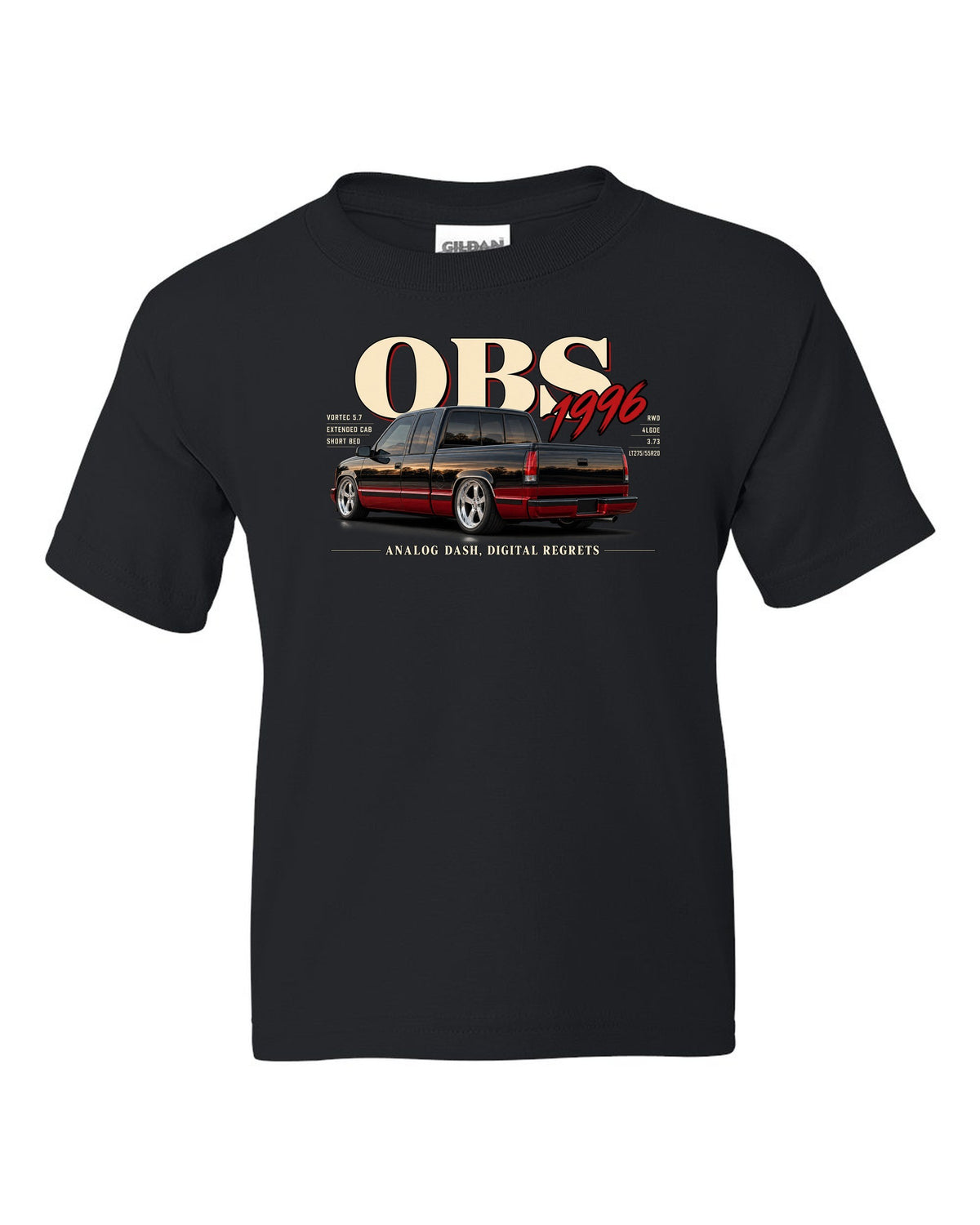 1996 OBS Chevy C1500 extended cab editorial headline print black kids tee front view with the design