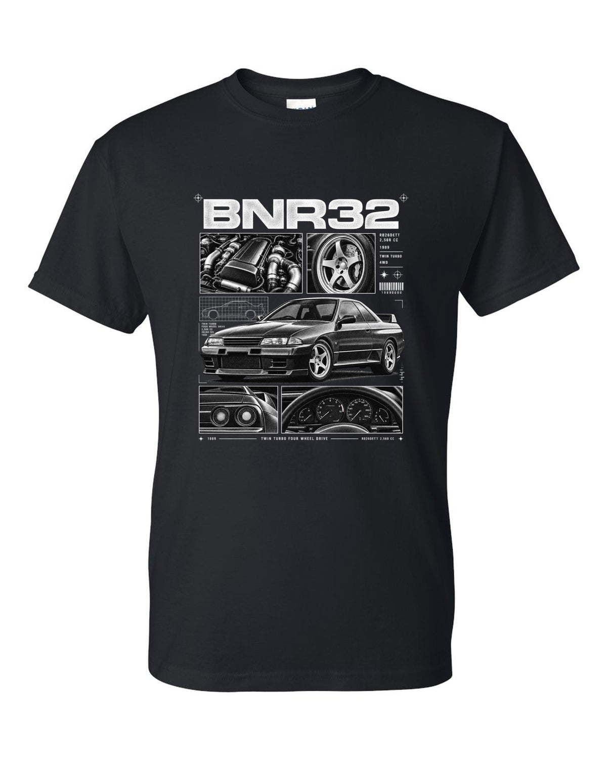 Dossier panel print of a Nissan Skyline GT-R R32 BNR32 with RB26DETT specs black t-shirt front view with the design