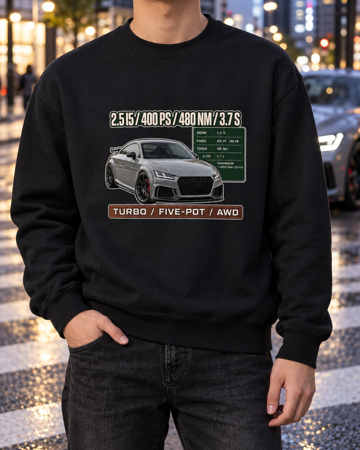 Audi TT RS 8S Spec Poster Shirt, 2.5 I5 400 PS print Crewneck Black worn hero