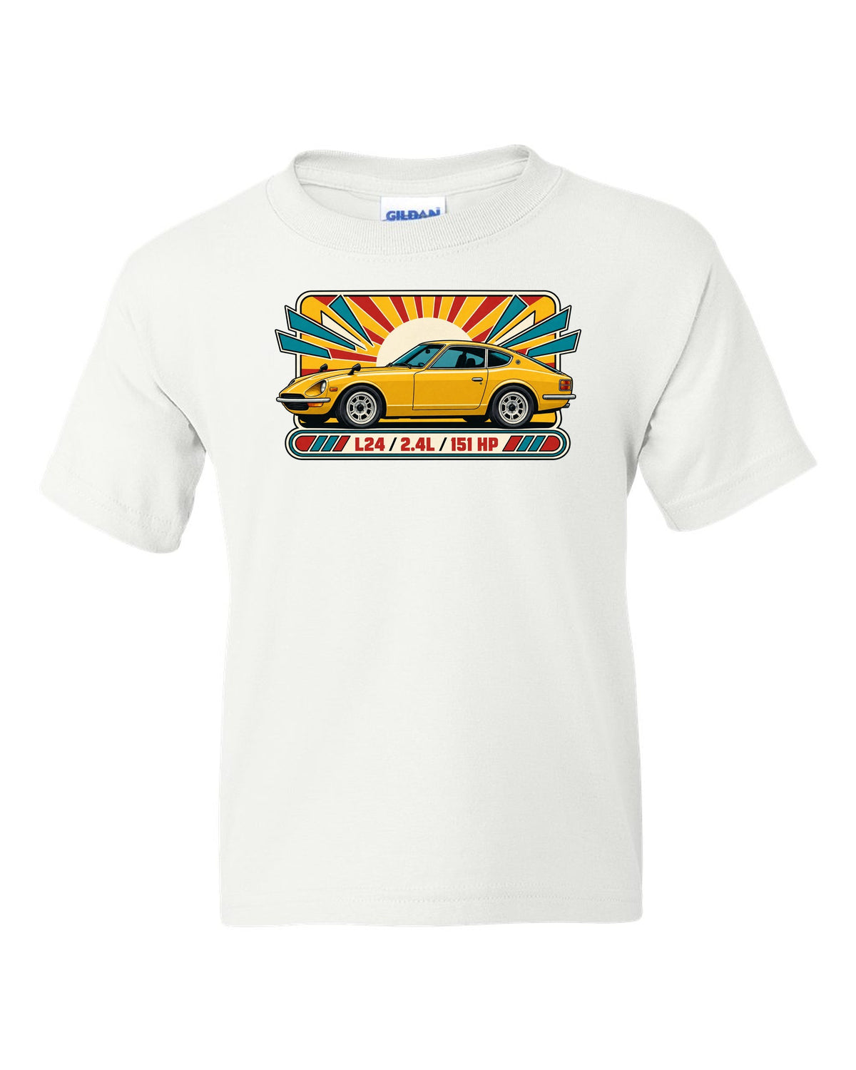 Retro 1970s catalogue ad print of the Datsun 240Z S30 with L24 2.4L 151 HP lettering white kids tee front view with the design